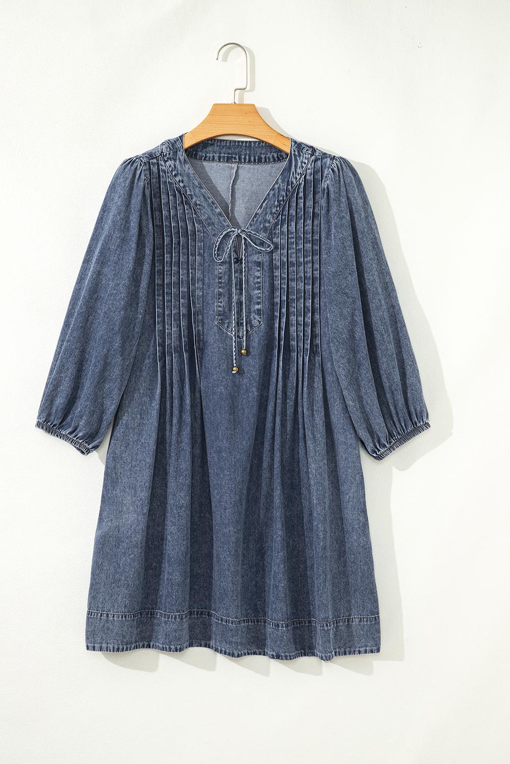 Sail Blue 3/4 Sleeve Tied V Neck Pleated Denim Mini Dress - Image 8
