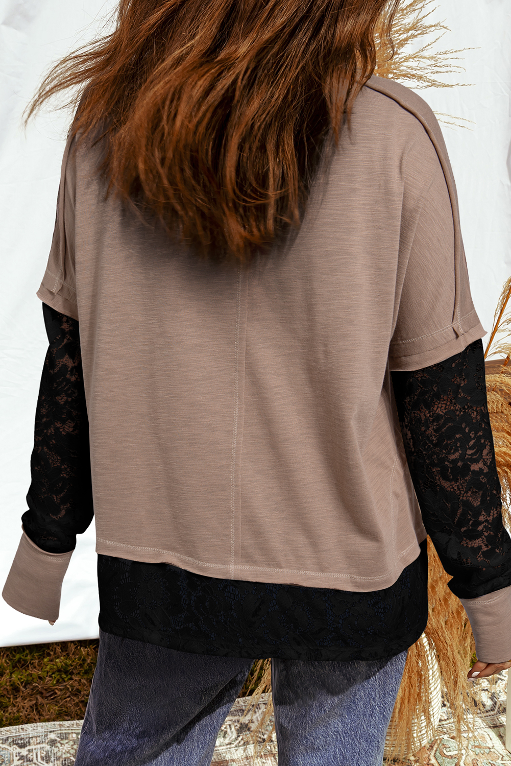 Light French Beige Sheer Lace Patchwork Casual Long Sleeve Tee - Image 2