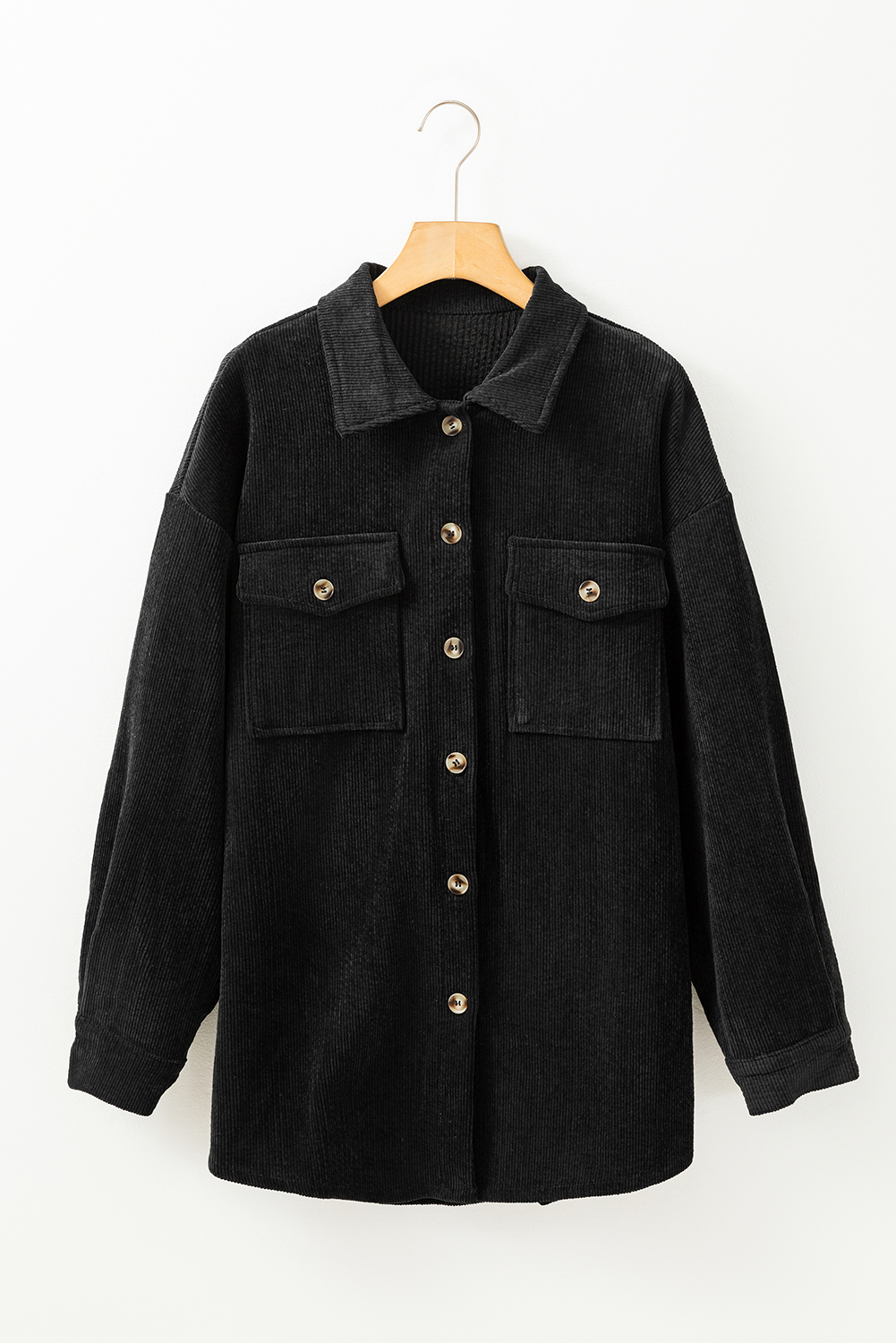 Black Corduroy Flap Pocket Button Up Shacket - Image 7