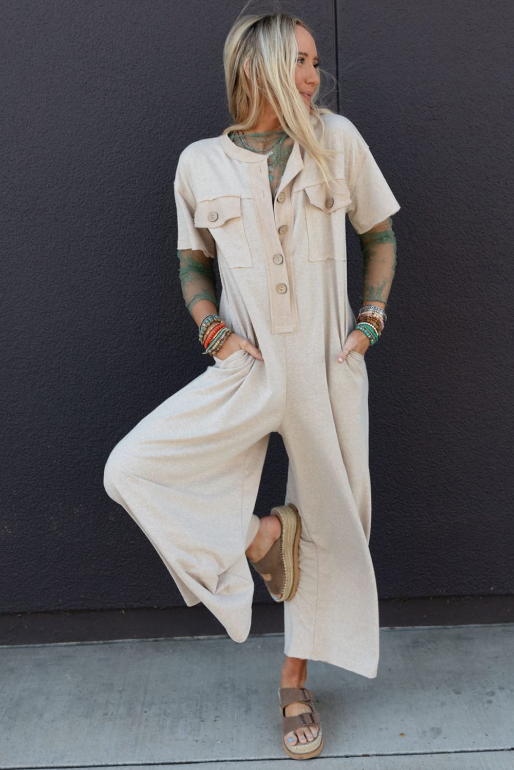Beige Half Placket Chest Pockets Short Sleeve Wide Leg Jumpsuit - Image 3