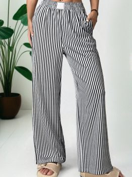 Black Stripe Elastic High Waist Pocketed Loose Pants