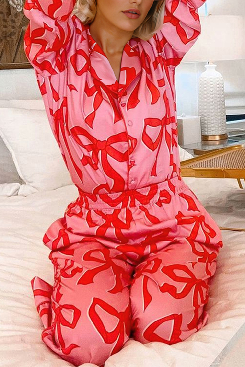Pink 2pcs Bow Print Shirt Style Long Sleeve Pajama Set - Image 2