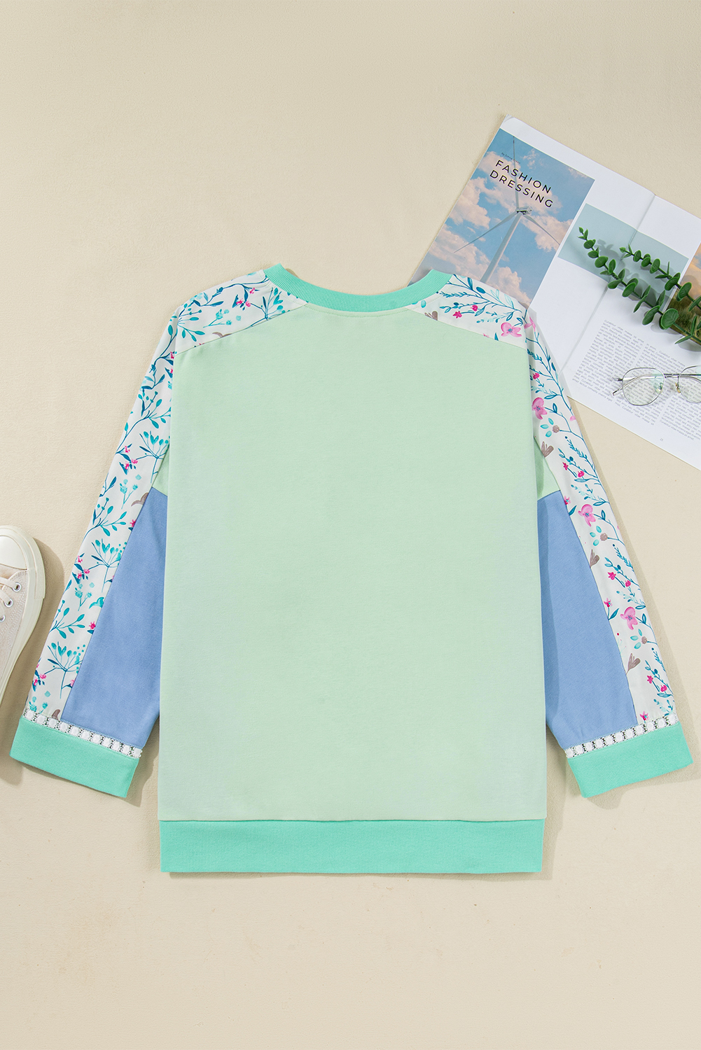 Green Color Block Floral Patchwork Long Sleeve Notched Neck Plus Size Top - Image 8