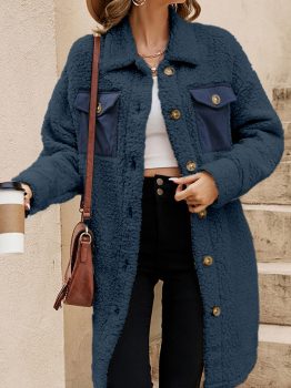 Blue Contrast Flap Pocket Single Breasted Teddy Coat