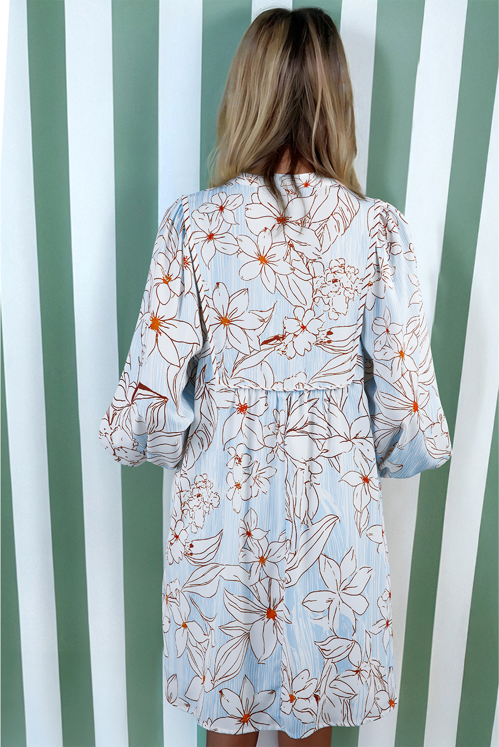 Brown Floral Print Tie Neck 3/4 Sleeve Mini Dress - Image 2