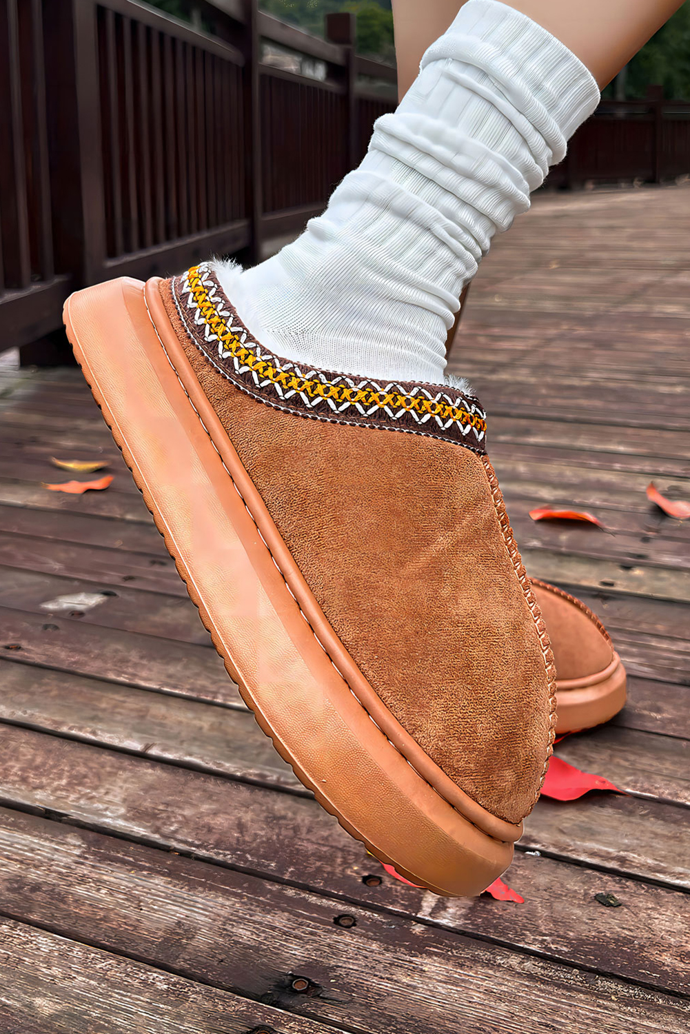Chestnut Contrast Edge Suede Plush Lined Thick Sole Winter Slippers - Image 3