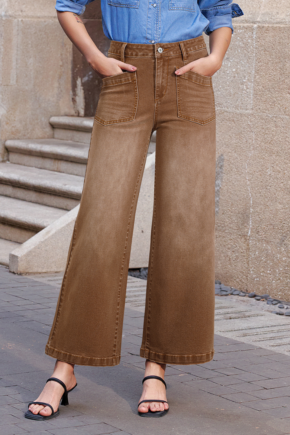 Brown Mimimalist Patch Pocket Womens Shift Jeans - Image 3