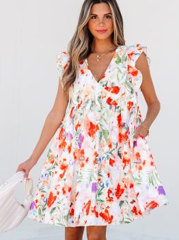 Pink Floral Double Ruffle Sleeve V Neck High Waist Mini Dress