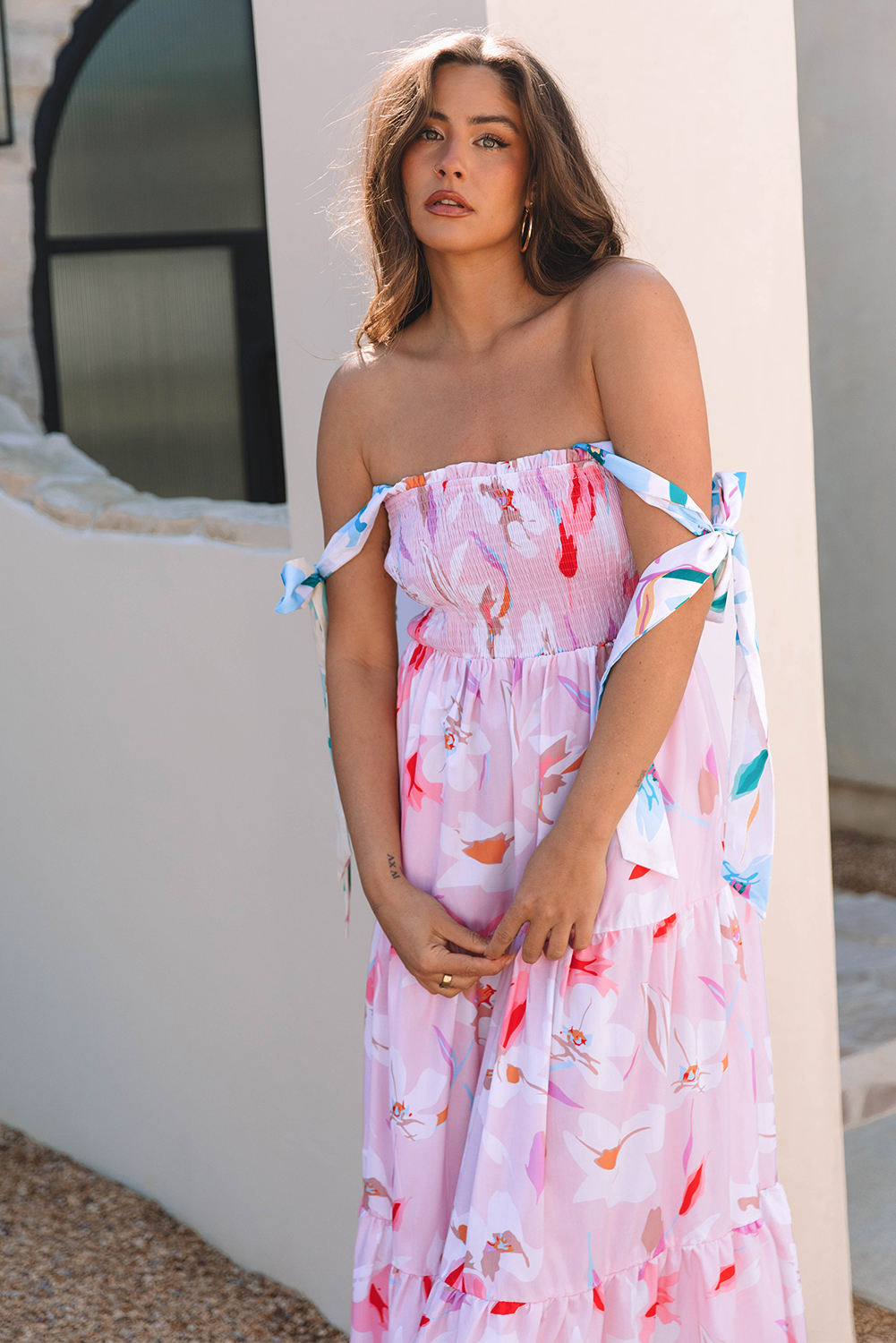 Pink Floral Print Knotted Shoulder Smocked Maxi Dress - Image 6