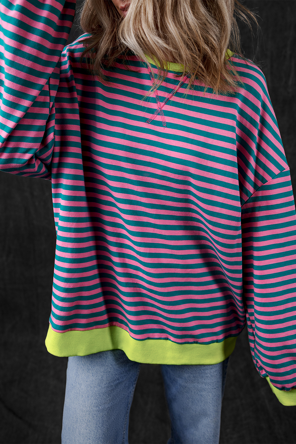 Green Stripe Oversized Contrast Trim Pullover Sweatshirt - Image 3