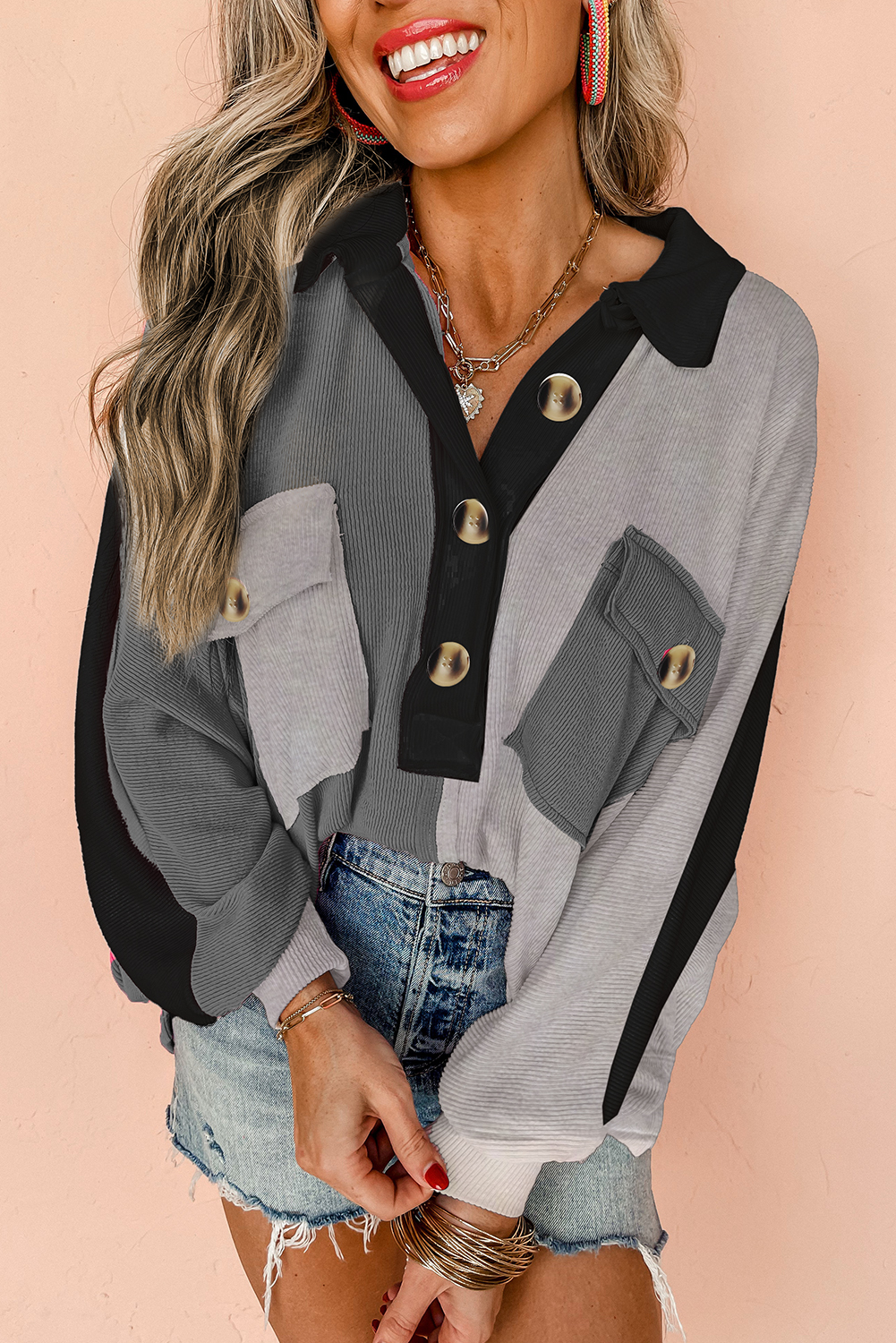 Gray Colorblock Ribbed Collared Oversized Sweatshirt - Image 3