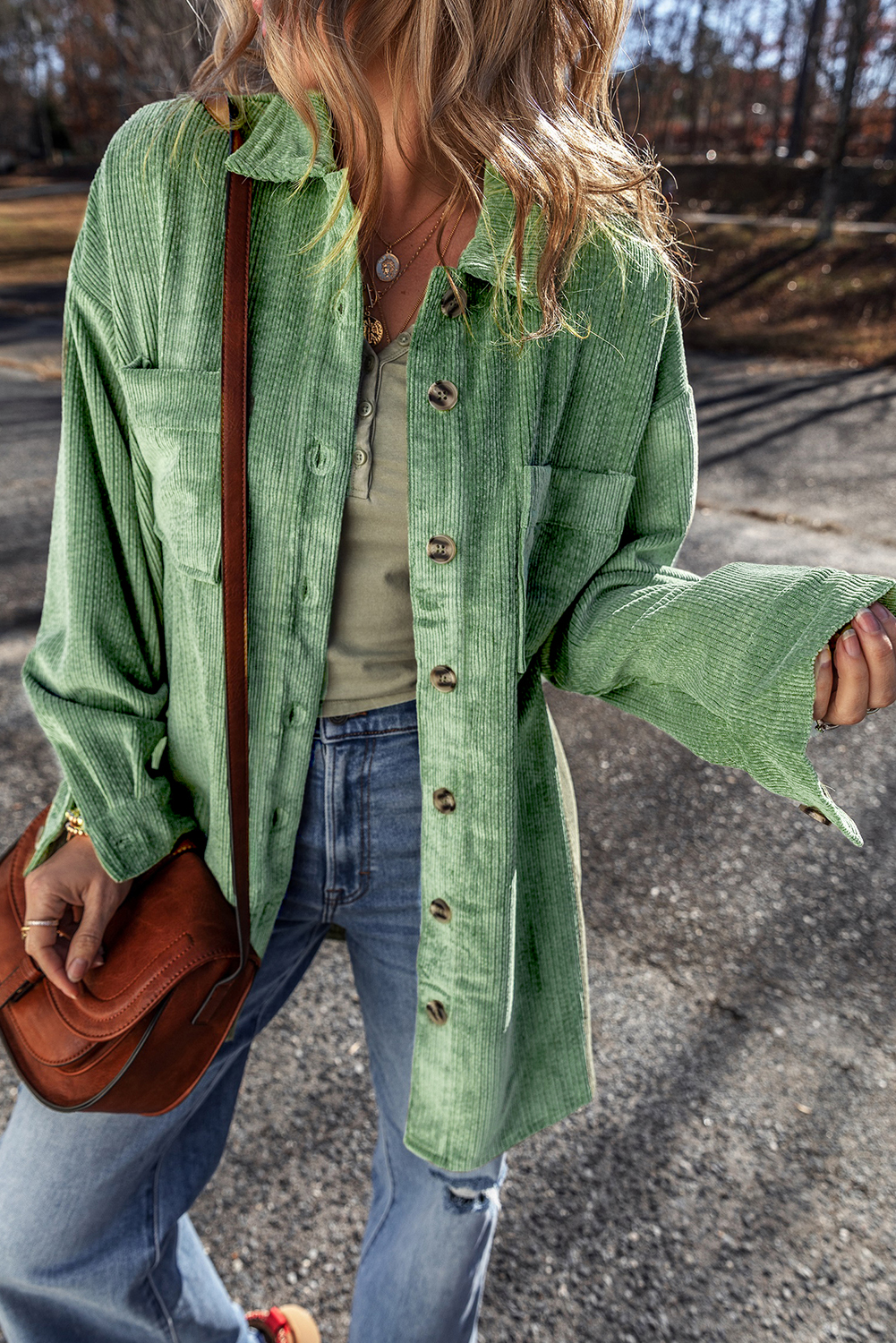 Mist Green Patched Pocket Button Up Corduroy Shacket - Image 7