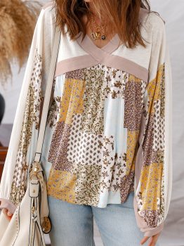 White Floral Printed Contrast Patchwork Long Sleeve Top
