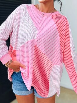 Sachet Pink Striped Colorblock Exposed Seam Casual Long Sleeve Top