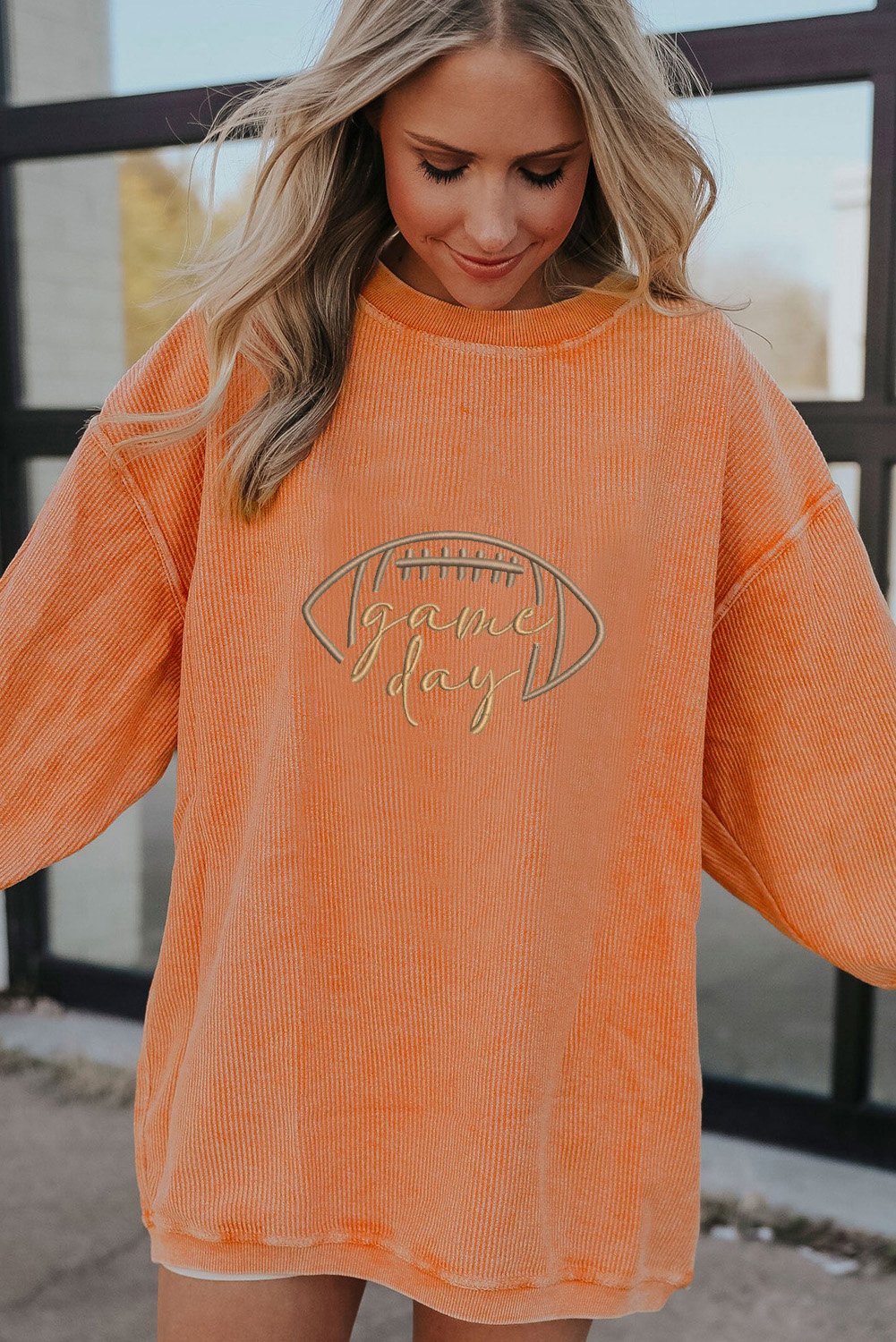 Orange Rugby Game Day Embroidered Corduroy Sweatshirt - Image 3