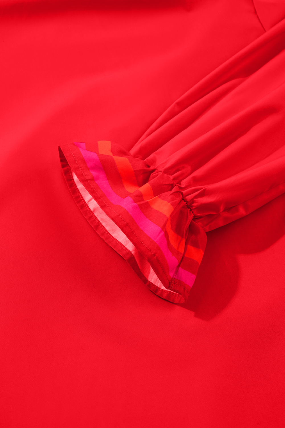 Fiery Red Striped Trim Ruffle Split Neck Long Sleeve Blouse - Image 7