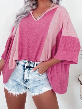 Bright Pink Textured Colorblock 3/4 Sleeve Oversize Top