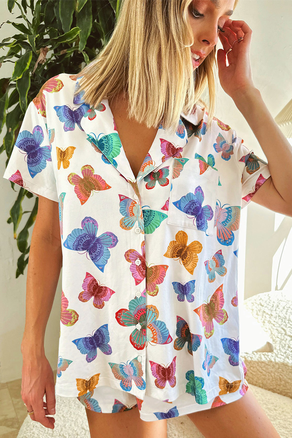 Multicolour Butterfly Pattern Short Sleeve Shirt Pajamas Set - Image 4