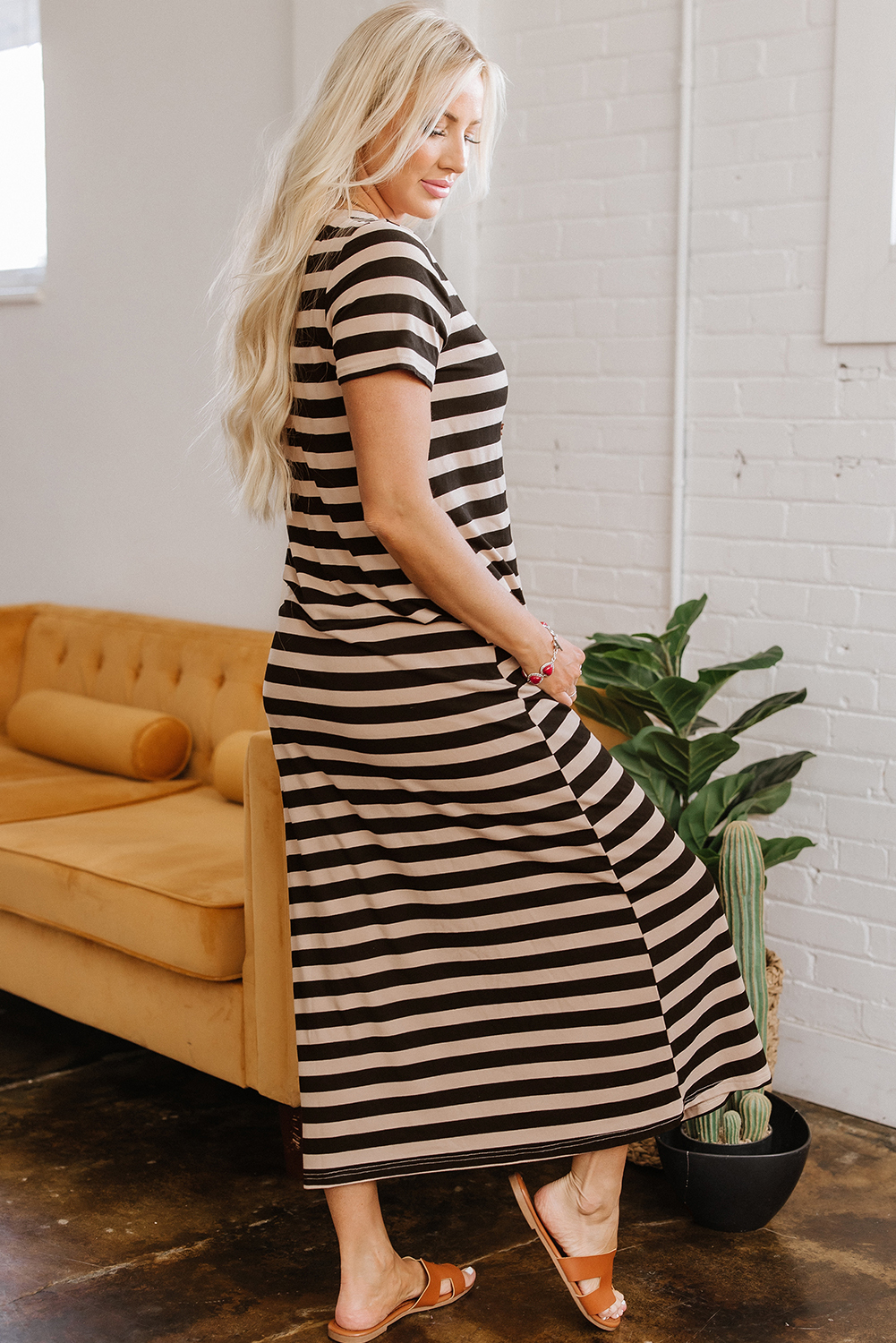 Black Stripe Casual Round Neck T-shirt Maxi Dress with Pockets - Image 3