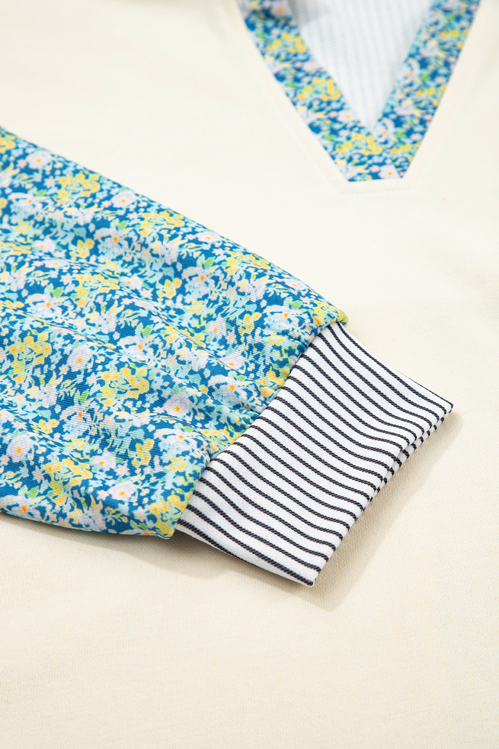 Beige Floral Striped Drop Sleeve Collared Boxy Fit Sweatshirt - Image 6