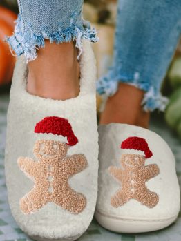 White Christmas Gingerbread Man Plush Home Slippers