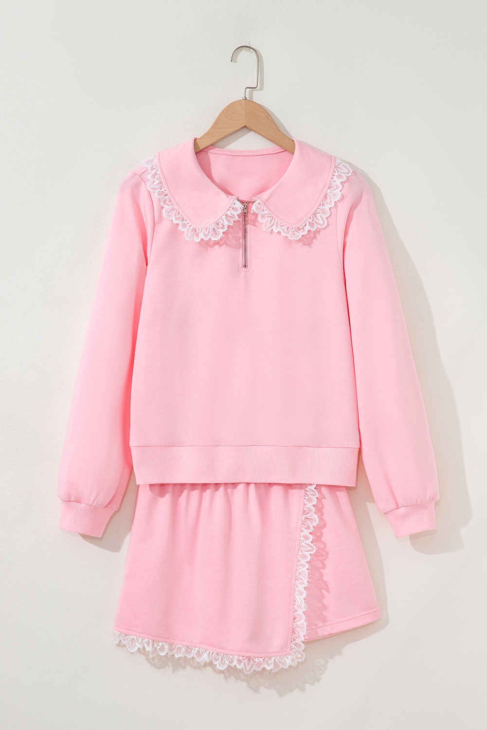 Pink Peter Pan Lace Embellished Neck Collision Sweatshirt and Skirt Two Piece Set - Image 6