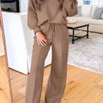 Dark Khaki Polo Collar V Neck Pullover and Drawstring Sweatpants Set