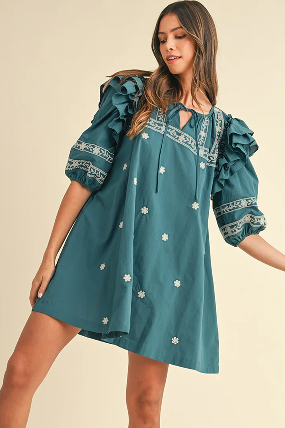 Skobeloff Boho Floral Ruffle Puff Sleeve Lace-up V Neck Mini Dress - Image 3