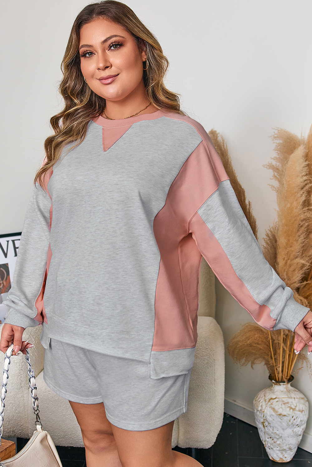 Light Grey Uneven Hem Colorblock Pullover Casual Shorts Plus Size 2pcs Outfit - Image 3
