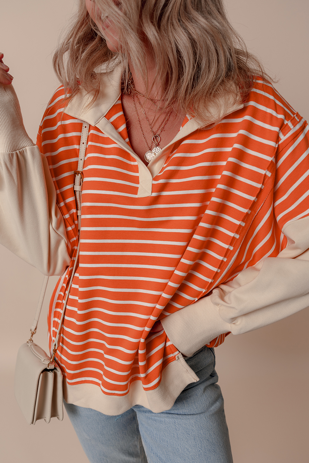 Orange Stripe Color Block Loose Fit Collared Drop Shoulder Sweatshirt - Image 4