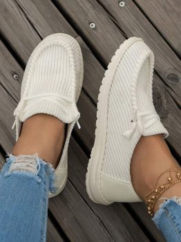 White Solid Ribbed Criss Cross Slip On Casual Shoes