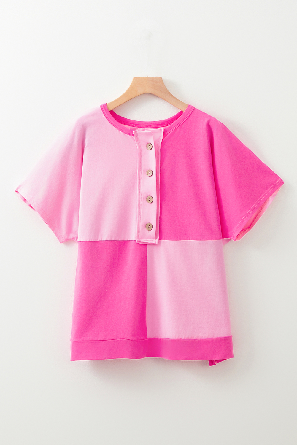 Bright Pink Colorblock Patchwork Short Sleeve Buttons Plus Size Henley Top - Image 3