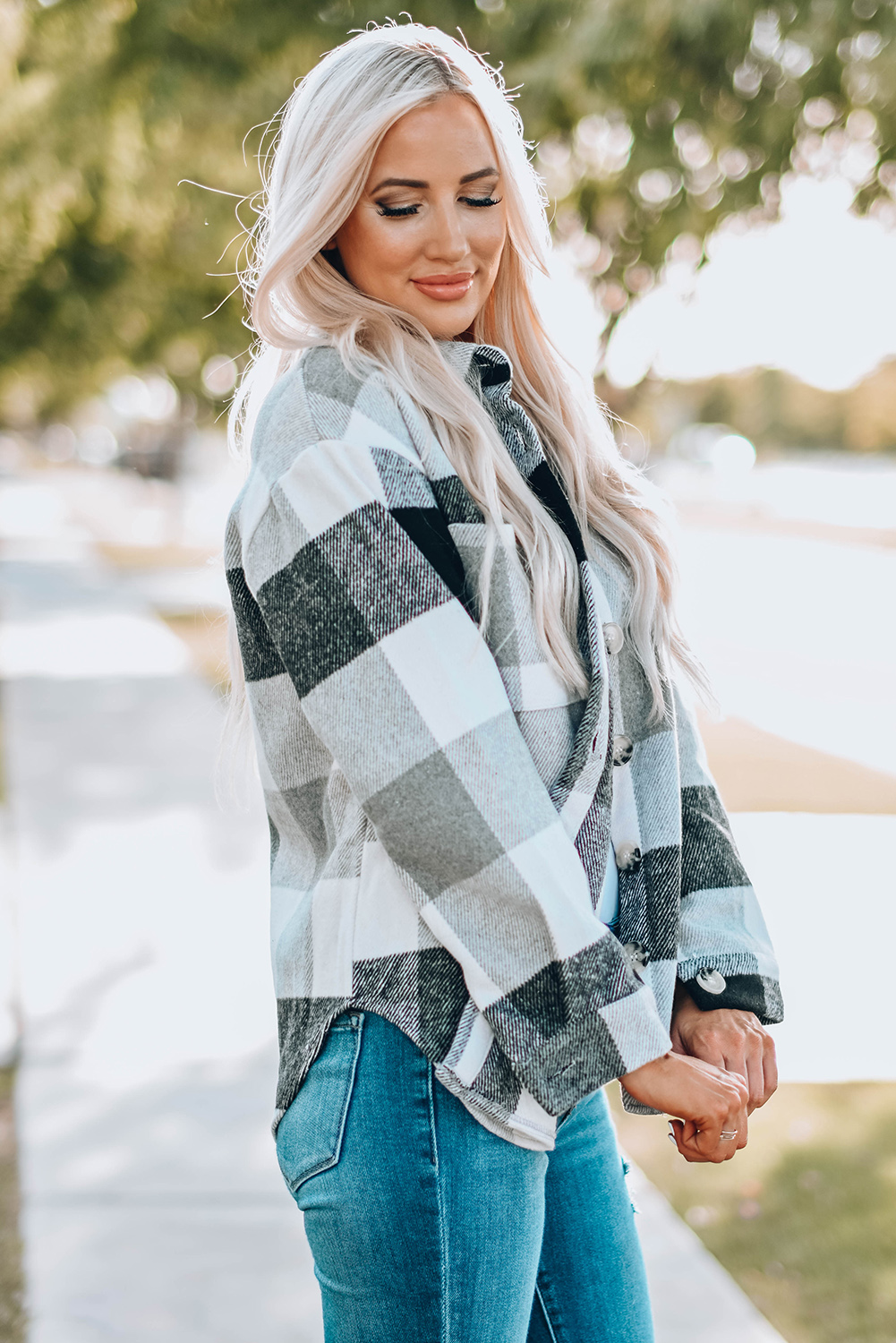 Gray Plaid Color Block Buttoned Long Sleeve Jacket with Pocket - Image 3