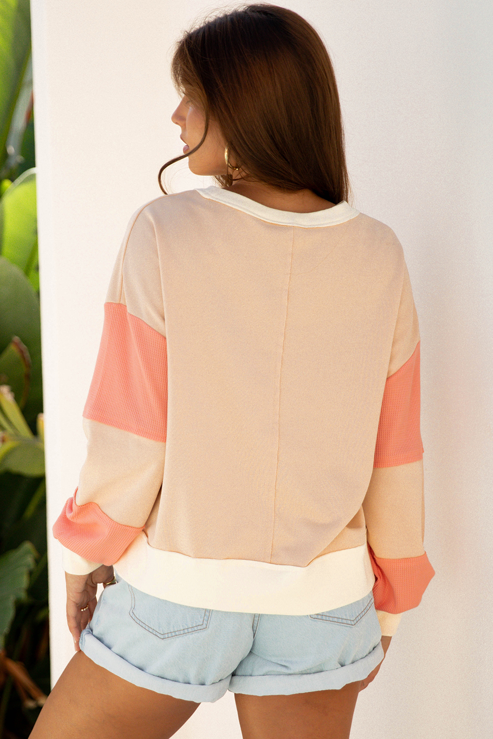 Light French Beige Color Block Textured Patchwork Pullover Sweatshirt - Image 2