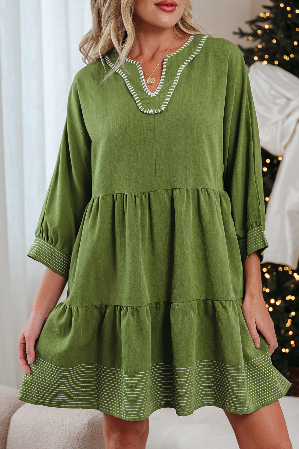 Jungle Green Contrast Stitched V Neck 3/4 Sleeve Tiered Mini Dress - Image 6