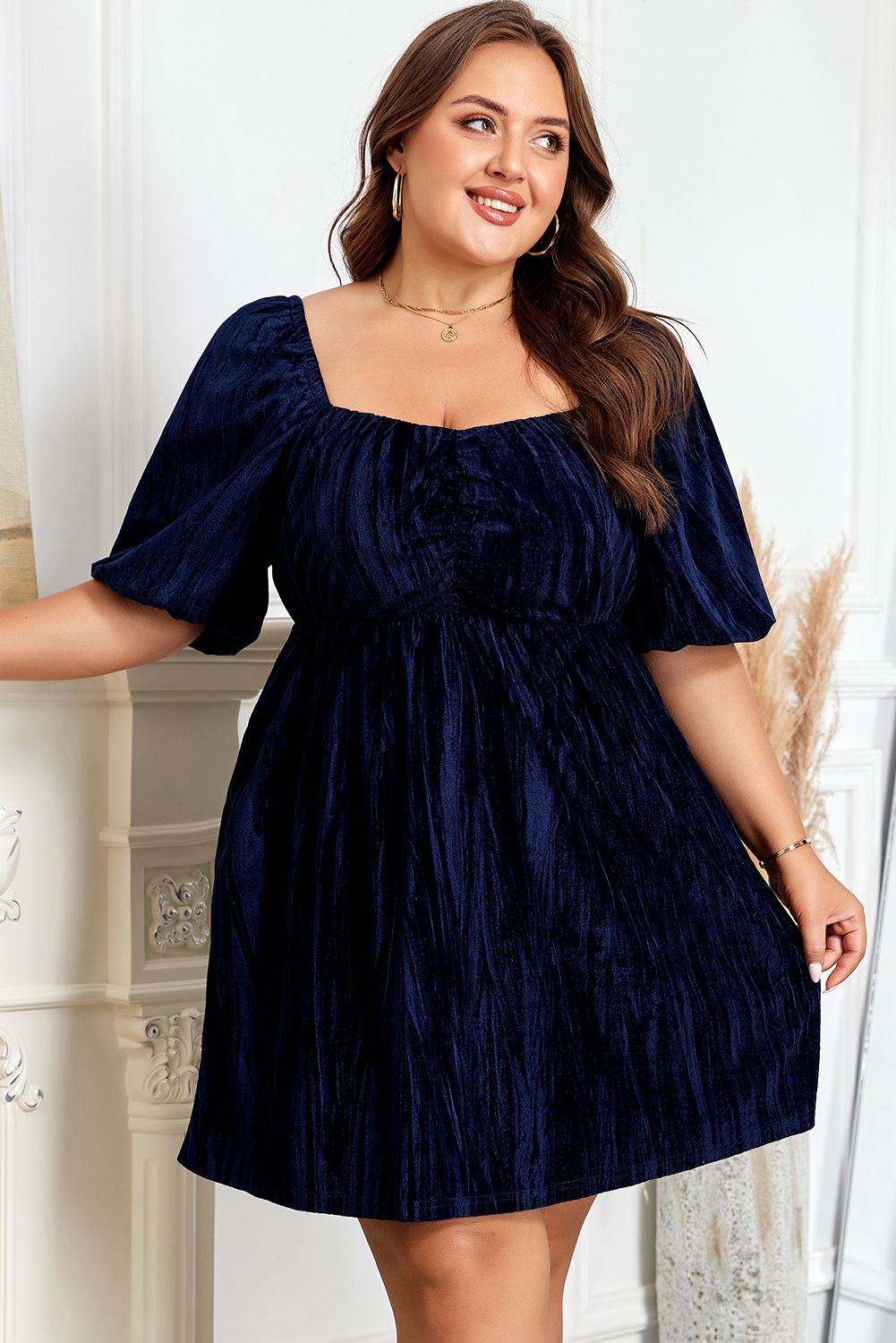 Navy Blue Velvet Ruched Bust Square Neck Short Puff Sleeve Plus Dress - Image 4