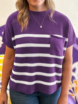 Purple Stripe Raw Edge Patched Pocket Short Sleeve Knit Sweater
