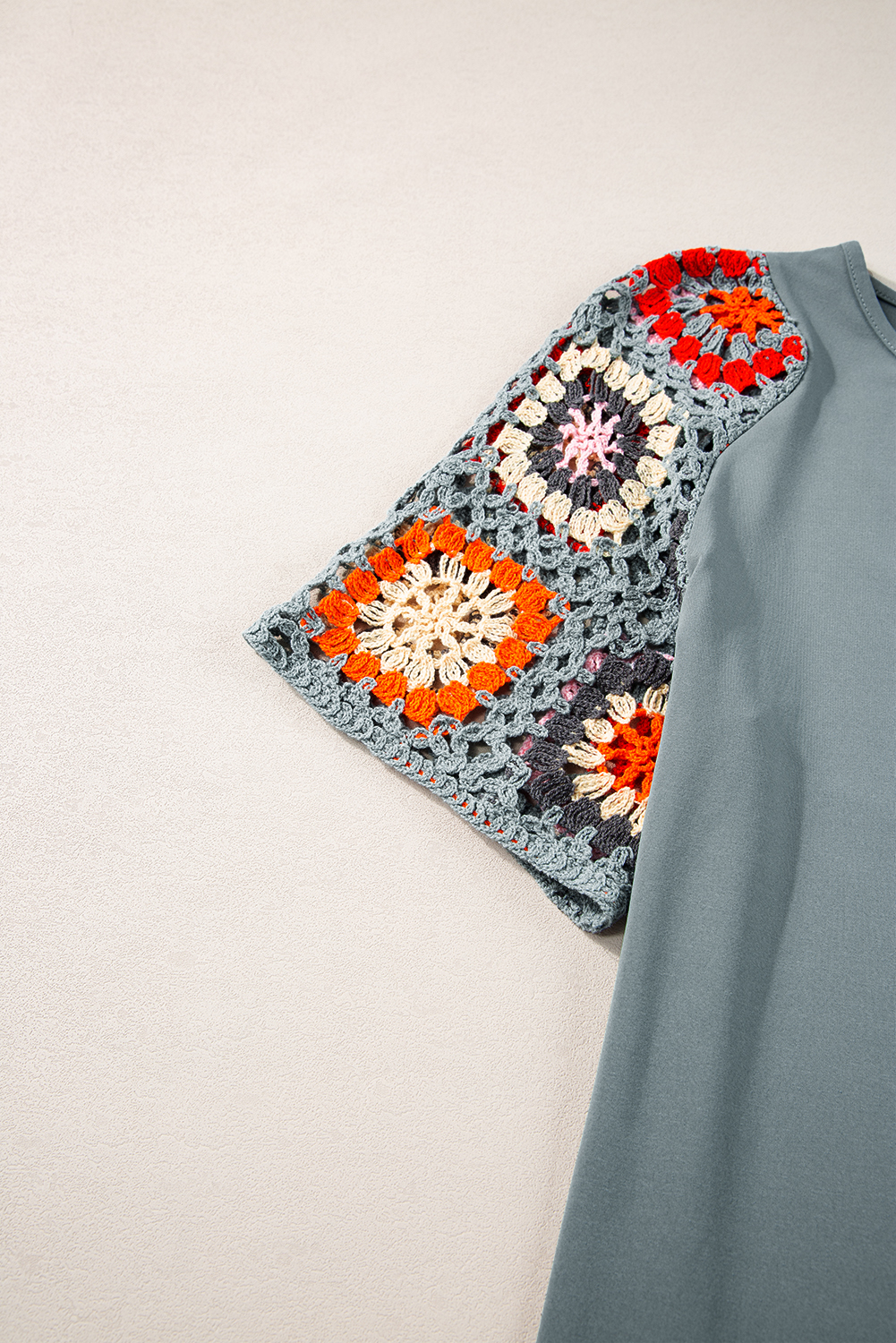 Medium Grey Floral Crochet Short Sleeve Top - Image 6