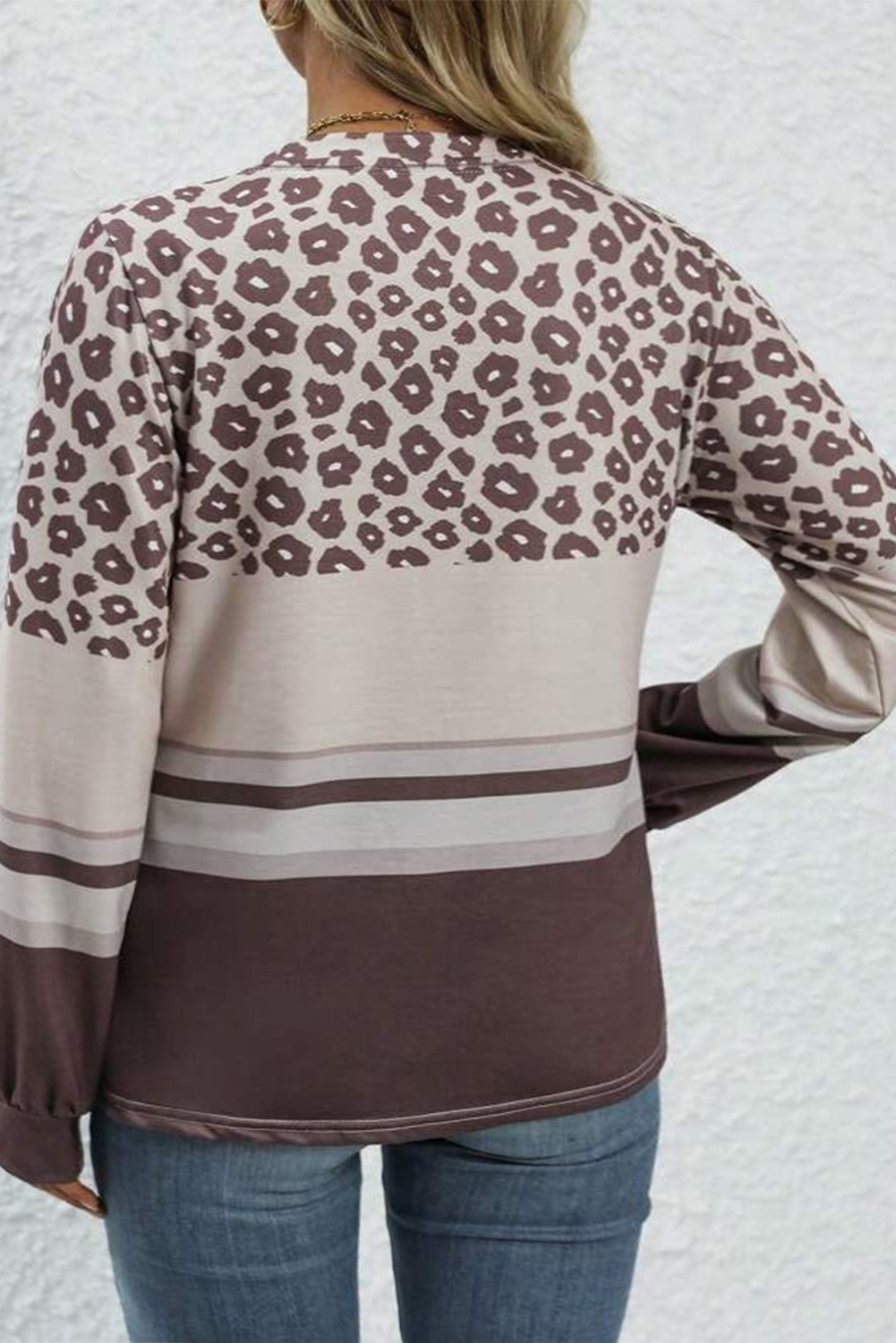 Coffee Plus Size Leopard Striped Long Sleeve Crew Neck Top - Image 2