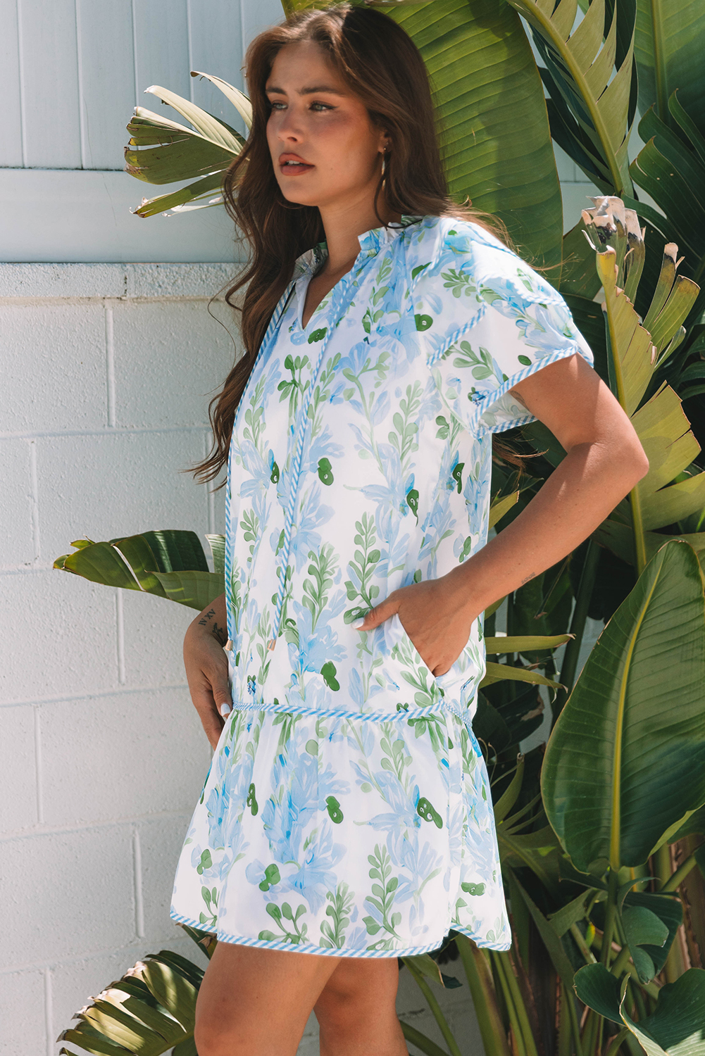 Sky Blue Floral Contrast Edge Layered Short Sleeve Mini Dress - Image 5