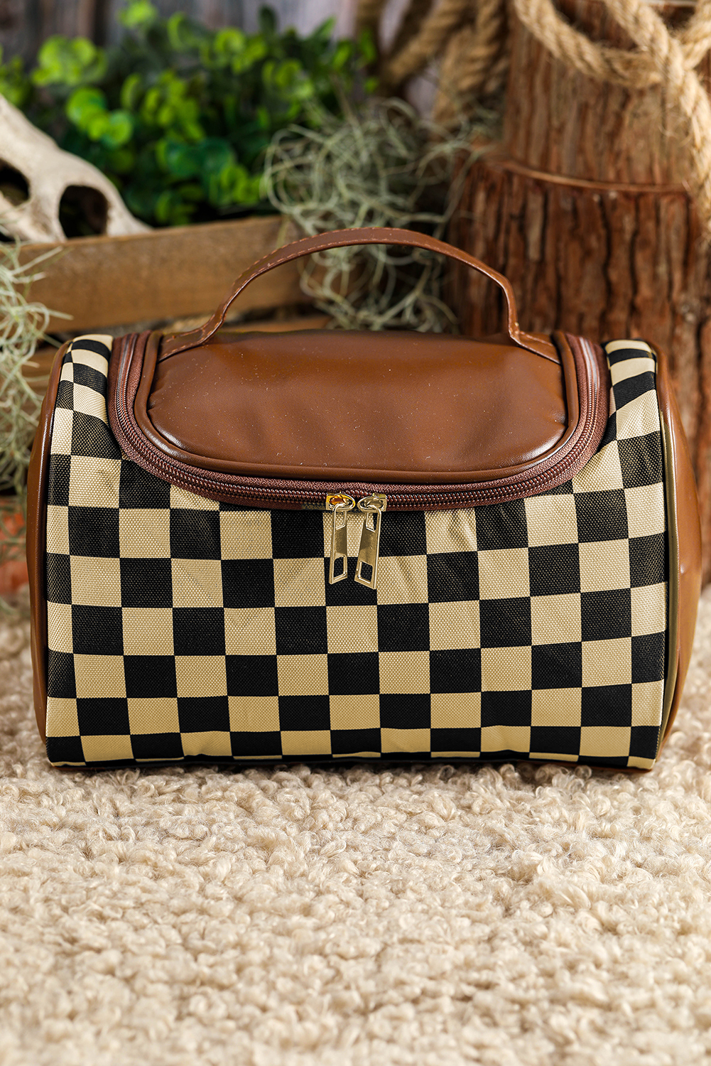 Black Checkered PU Leather Zipper Makeup Bag - Image 7