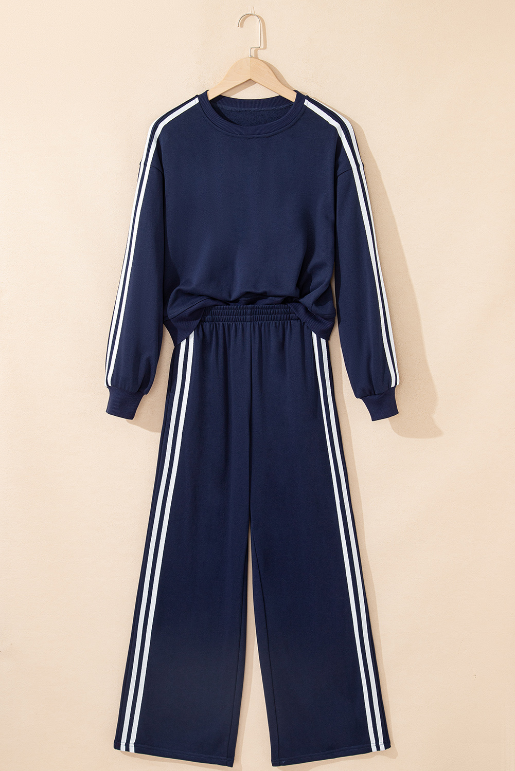 Dirty blue Varsity Striped Detail Crewneck Pullover Elastic Sweatpants 2pcs Outfit - Image 3