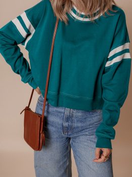 Blackish Green Contrast Striped Patchwork Round Neck Drop Shoulder Sweatshirt