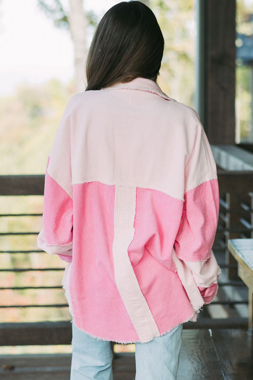 Delicacy Two-tone Color Exposed Seam Corduroy Shacket - Image 2