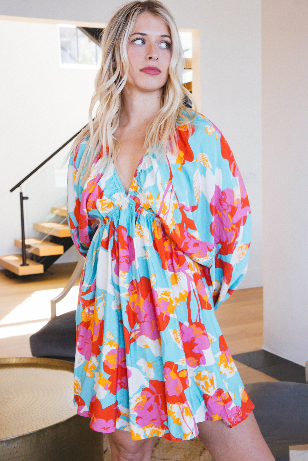 Sky Blue Floral Bracelet Sleeve Empire Waist Mini Dress - Image 4