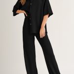 Black Solid Color Textured Buttoned Shirt and Casual Pants Set