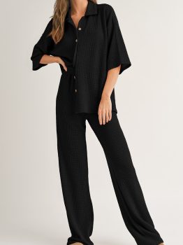 Black Solid Color Textured Buttoned Shirt and Casual Pants Set