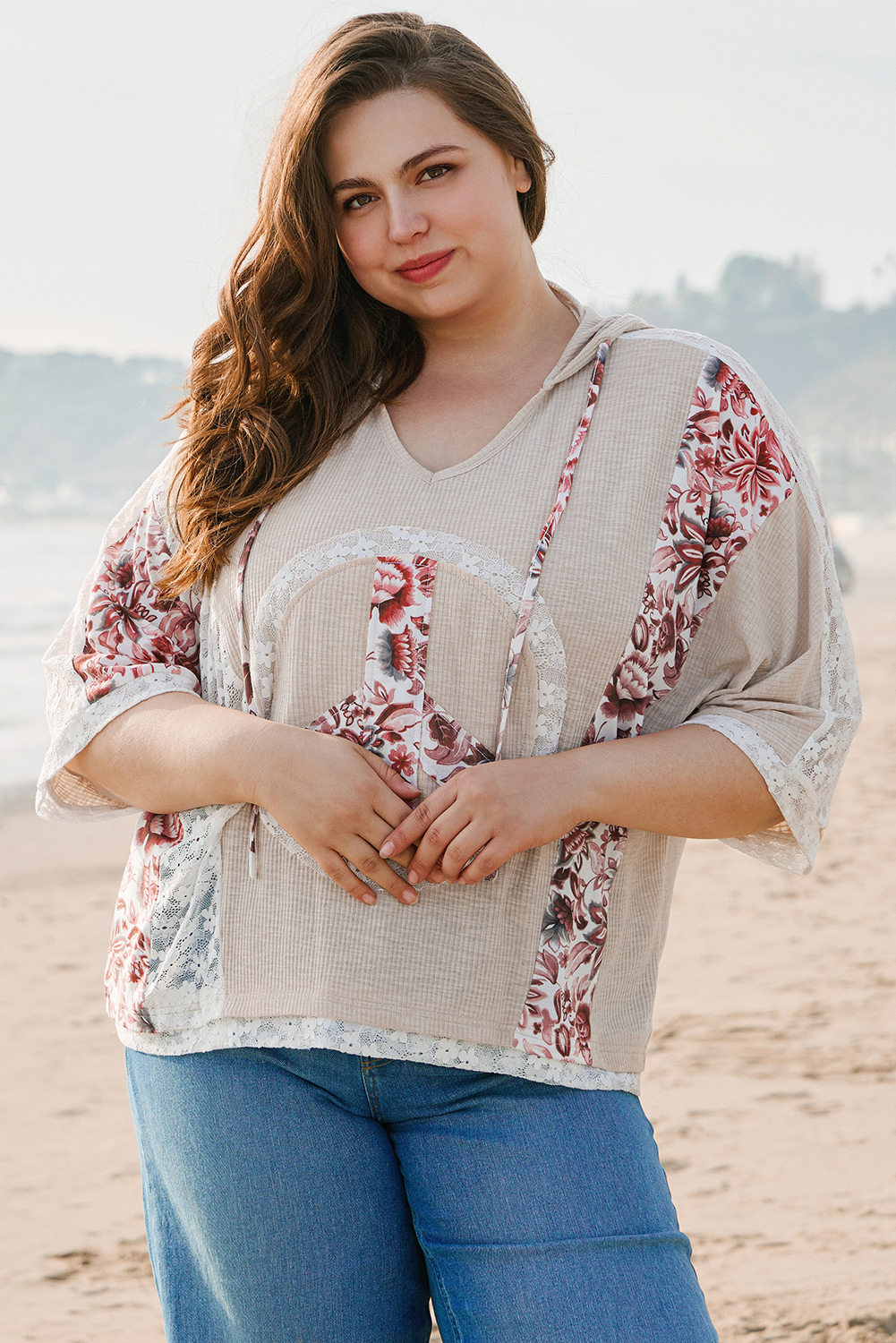 Khaki V Neck Floral Peace Sign Graphic Lace Patch Ribbed Plus Size Hooded Top - Image 6