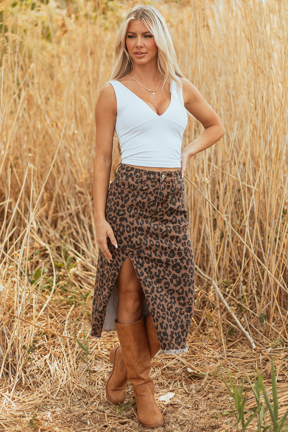 Brown Leopard Denim Frayed Split Denim Midi Skirt - Image 6