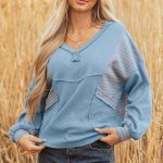 Dusk Blue Exposed Seam Waffle Striped Patchwork Baggy Pullover